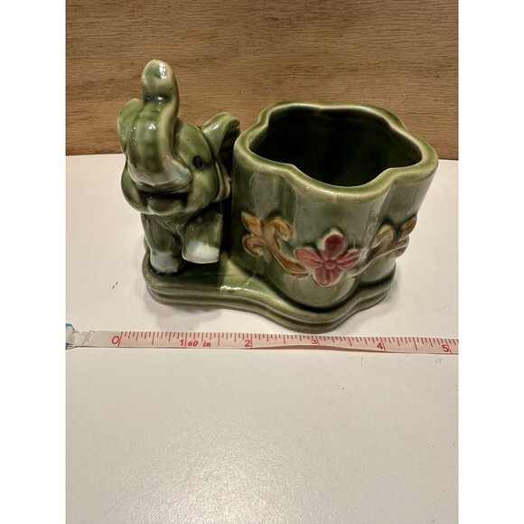Vintage Ceramic Elephant Planter Vase  Lucky Trunk Up Elephant  Green Succulent - Picture 7 of 9